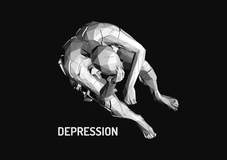 Frustrated man in depression sitting on floor, looking down and thinking. Psychological disease concept. Lonely person. 3D vector illustration.のイラスト素材