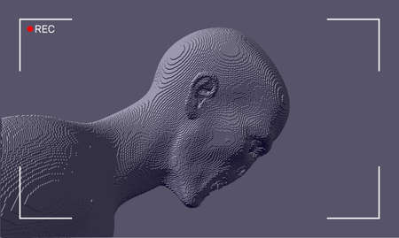 Face of alien or zombie. Abstract digital head constructing from cubes. Voxel art. 3D vector...