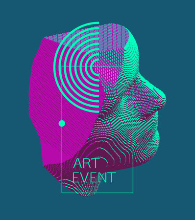 Mannequin's head in profile. Side view. Plaster face or sculpture. Futuristic technology concept. Technology and robotics concept. Voxel art. 3D vector illustration.のイラスト素材