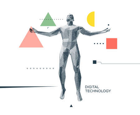 Leadership, freedom or development concept. Jumping man. 3D human body model. Design for sport. Vector illustration composed of particles.のイラスト素材