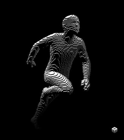 Running man constructing from cubes. Marathon runner. Human body model. Design for sport. Voxel art....