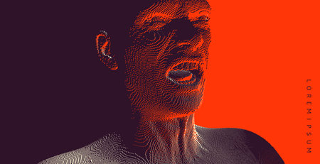 Furious screaming man. Emotional scream of a man with open shouting mouth. Demon face. People and...
