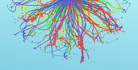 Point explode. Array with dynamic emitted particles. 3d technology style. Abstract background. Vector illustration.のイラスト素材