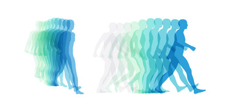 Transparent overlapping colors silhouettes. walking man. Animation frames. Vector illustration for print, web site, poster, placard or wallpaper.のイラスト素材