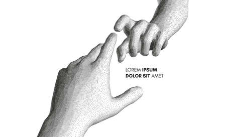 Hands reaching towards each other. Concept of human relation, togetherness or partnership. 3D vector illustration. Design for banner, flyer, poster, cover or brochure.のイラスト素材