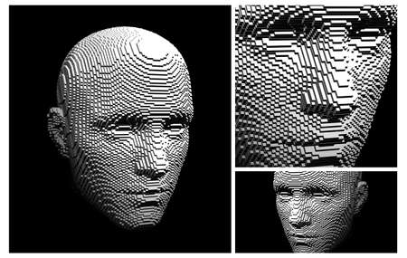 Abstract digital human head constructing from cubes. Minimalistic design for business presentations, flyers or posters. Technology and robotics concept. Voxel art. 3D vector illustration.のイラスト素材