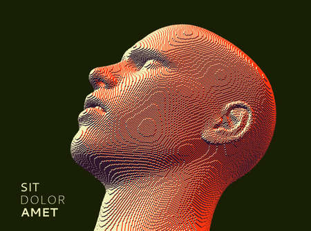 Abstract digital human head constructing from cubes. Minimalistic design for business presentations, flyers or posters. Technology and robotics concept. Voxel art. 3D vector illustration.のイラスト素材