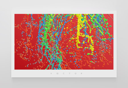 Point explode. Array with dynamic emitted particles. 3d technology style. Abstract background. Vector illustration.のイラスト素材