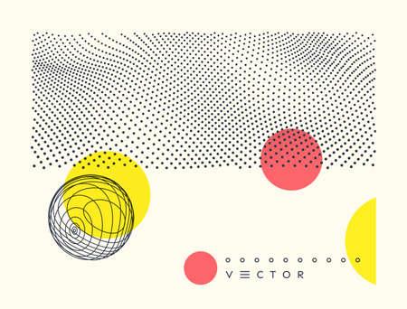 Abstract background with dots and circles. Polka dots pattern. Sphere with twist lines. 3d dynamic vector illustration for cover, banner, flyer or presentation.のイラスト素材