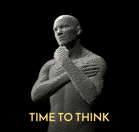Time to think. A man with his hand on his chin as though he was thinking. artificial intelligence concept. Searching for answers. Your personal assistant. Voxel art. 3D vector illustration.のイラスト素材