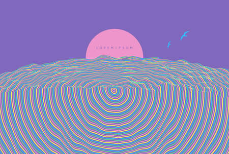 Futuristic violet night sky with the full moon. Pattern with optical illusion. Abstract striped background. 3d vector illustration.のイラスト素材
