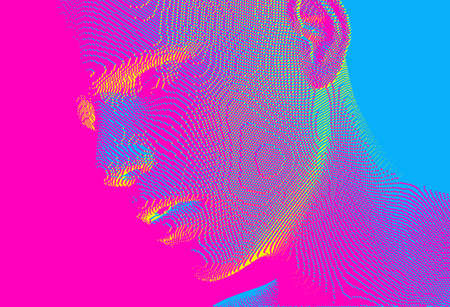 Abstract digital human head constructing from cubes. Minimalistic design for business presentations, flyers or posters. Technology and robotics concept. Voxel art. 3D vector illustration.のイラスト素材