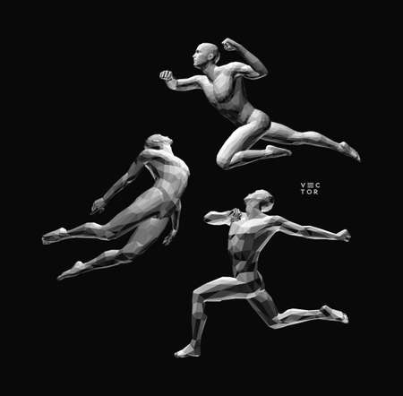 Models of polygonal people in different poses. Freedom, leadership or development concept. Men is dancing and jumping. Design for sport. 3D human body model. Vector brochure, flyer or banner.のイラスト素材