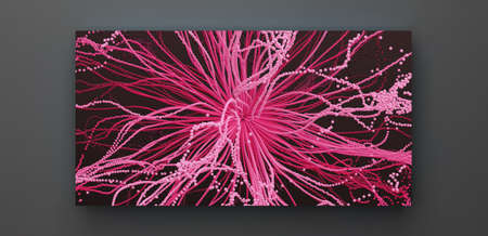 Point explode. Array with dynamic emitted particles. 3d technology style. Abstract background. Vector illustration.のイラスト素材