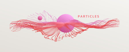 point explode. Array with dynamic emitted particles. 3D vector illustration for a poster, banner or card about science fiction, galaxy and space.のイラスト素材