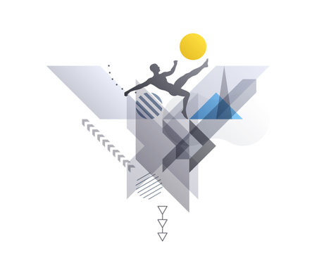 art composition. Football player shoot the ball at a jump. sports concept. Transparency geometric background. Cover design template for presentation, poster, cover or brochure.のイラスト素材