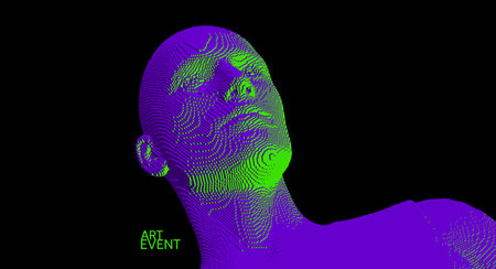 Abstract digital human head constructing from cubes. Minimalistic design for business presentations, flyers or posters. Technology and robotics concept. Voxel art. 3D vector illustration.のイラスト素材