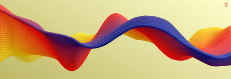 3D wavy background. Array with dynamic emitted particles. A wave formed from many spheres. Abstract vector illustration. Design template. Modern pattern.のイラスト素材