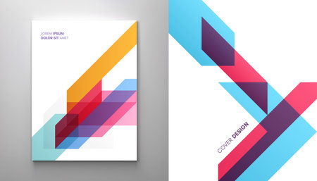 Art composition of flat colorful vector shapes. Abstract transparency geometrical background. Cover design template for presentation, corporate cover document, banner, flyer, poster, brochure.のイラスト素材