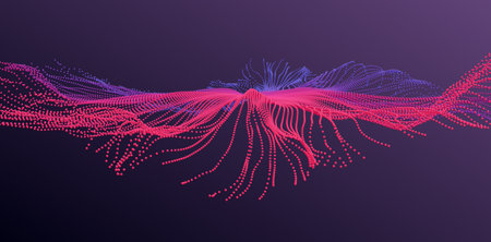 Point explode. Array with dynamic emitted particles. 3d technology style. Abstract background. Vector illustration.のイラスト素材