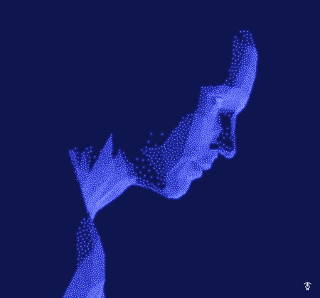 Abstract man head made from dots. Side view of dotted face background. facial recognition. 3D vector illustration.のイラスト素材