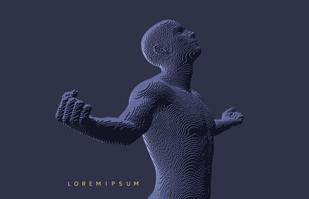 Man spread his arms in different directions. Men enjoying the freedom. Victory. Voxel art. 3D vector illustration.のイラスト素材