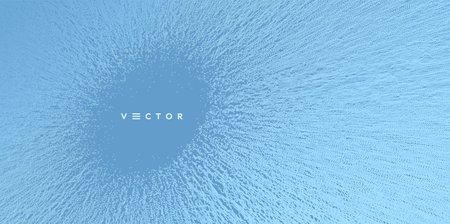Small particles strive out of center. Array with dynamic particles. Abstract grid design. Vector illustration in technology style. Can be used for science or education.のイラスト素材