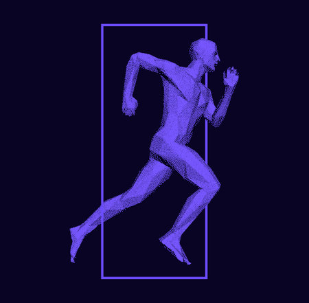 running man or marathon runner. 3D human body model. Design for sport. Vector illustration composed of particles.のイラスト素材