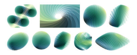 Set of sphere, oval, spiral and other shapes. Abstract wavy background with dynamic effect. Rotation and swirling movement. Illustration made of various overlapping elements. Design for cover.のイラスト素材
