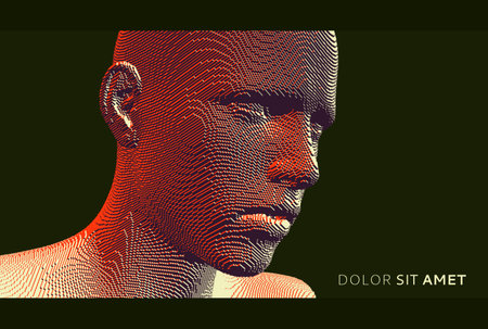 Abstract digital human head constructing from cubes. Minimalistic design for business presentations, flyers or posters. Technology and robotics concept. Voxel art. 3D vector illustration.のイラスト素材