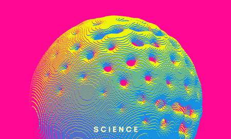 Abstract perforated sphere. Art geometric primitive. Damaged cell or bacterium with holes in outer shell. Voxel art.Vector illustration for cover, poster, flyer or banner.のイラスト素材