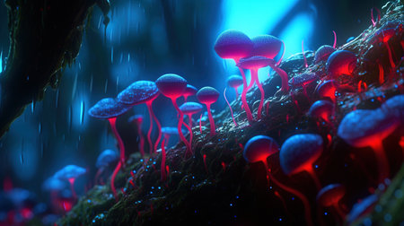 Magical mysterious mushrooms. Growing microorganisms. Generative AI. Illustration for banner, poster, cover, brochure or presentation.の素材