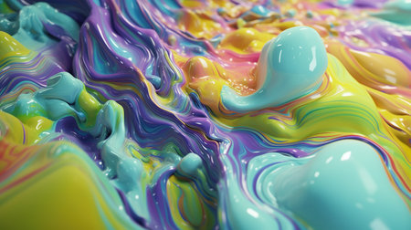 3D colorful paint background. Liquid artwork with flows and splashes. Mixed paints with gradient vivid colors. Generative AI. Illustration for banner, poster, cover, brochure or presentation.の素材