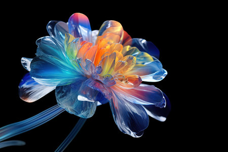 Glass or plastic flower on dark background with beautiful LED light spectrum. Generative AI. Illustration for banner, poster, cover, brochure or presentation.の素材