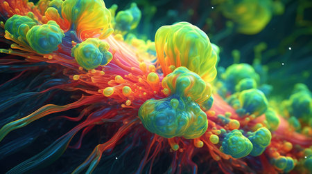 Fantastic abstract alien organic tissue. microbiology research. Generative AI. Illustration for banner, poster, cover, brochure or presentation.の素材