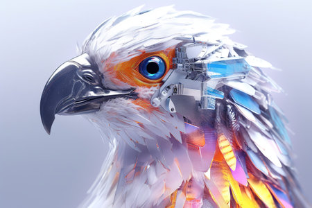 Eagle head illustration. Futuristic unusual robot bird. creative concept. Generative AI. Design for banner, poster, cover, brochure or presentation.の素材