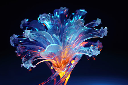 Glass or plastic flower on dark background with beautiful LED light spectrum. Generative AI. Illustration for banner, poster, cover, brochure or presentation.の素材