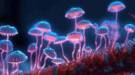 Magical mysterious mushrooms. Growing microorganisms. Generative AI. Illustration for banner, poster, cover, brochure or presentation.の素材