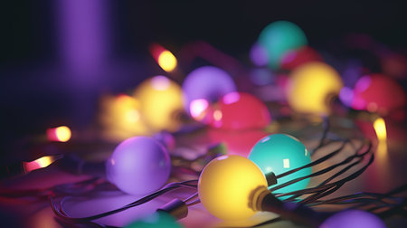 Realistic glowing garland for your design. christmas lights. X-mas, New Year or Birthday decor. party event decoration. Generative AI. Illustration for poster, cover, card or presentation.の素材