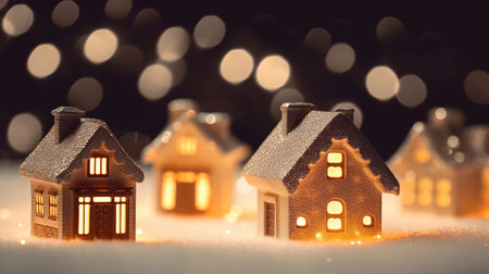 Little decorative houses. Cute small houses at night. Christmas cozy interior decor. X-mas, New Year or Birthday decor. Generative AI. Illustration for poster, cover, card or presentation.の素材