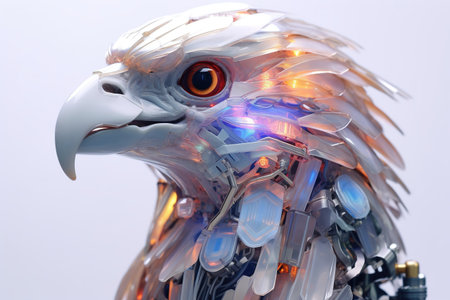 Eagle head illustration. Futuristic unusual robot bird. creative concept. Generative AI. Design for banner, poster, cover, brochure or presentation.の素材