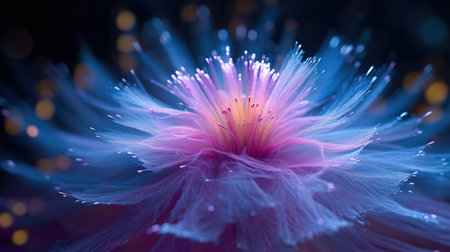 Glass or plastic flower on dark background with beautiful LED light spectrum. Generative AI. Illustration for banner, poster, cover, brochure or presentation.の素材