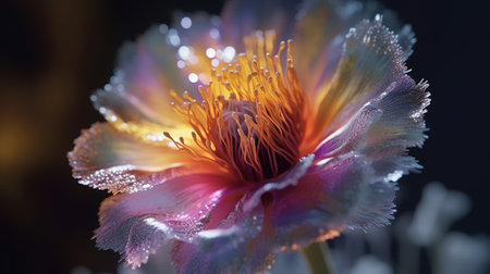 Glass or plastic flower on dark background with beautiful LED light spectrum. Generative AI. Illustration for banner, poster, cover, brochure or presentation.の素材
