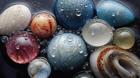 Many stones of various sizes covered with small drops of water after rain. A close up view of smooth polished multicolored pebbles. Generative AI. Illustration for cover, presentation or banner.の素材