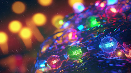 Realistic glowing garland for your design. christmas lights. X-mas, New Year or Birthday decor. party event decoration. Generative AI. Illustration for poster, cover, card or presentation.の素材