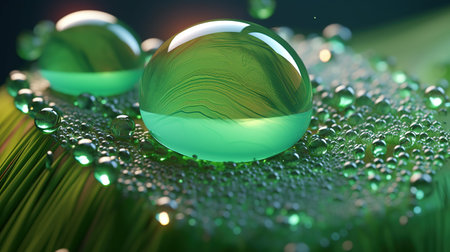 Beautiful drops morning girl in nature. Drops of clean transparent water on leaves. Image in green tones. natural background. Generative AI. Illustration for banner, poster, cover or presentation.の素材