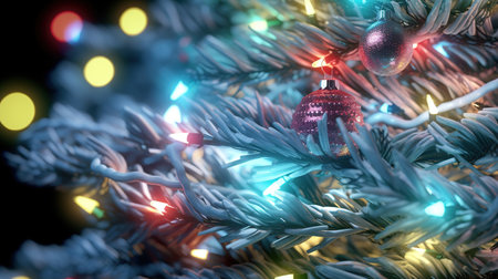 Glossy glass christmas christmastree ball hanging from top upright. Christmas tree branches with ornaments. Generative AI. Illustration for banner, poster, cover, brochure, card or presentation.の素材