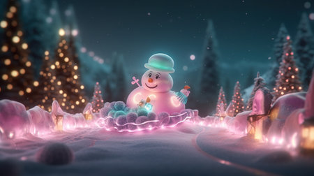 Snowman with a garland. Christmas and a cheerful holiday theme. Generative AI. Illustration for brochure, cover, poster, presentation or banner.の素材