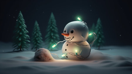 Snowman with a garland. Christmas and a cheerful holiday theme. Generative AI. Illustration for brochure, cover, poster, presentation or banner.の素材