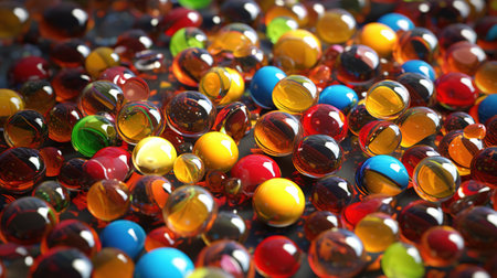 Various glass marbles. Abstract crystalline balls of hydrogel for the background. Beads. Generative AI. Illustration for brochure, cover, poster, presentation or banner.の素材